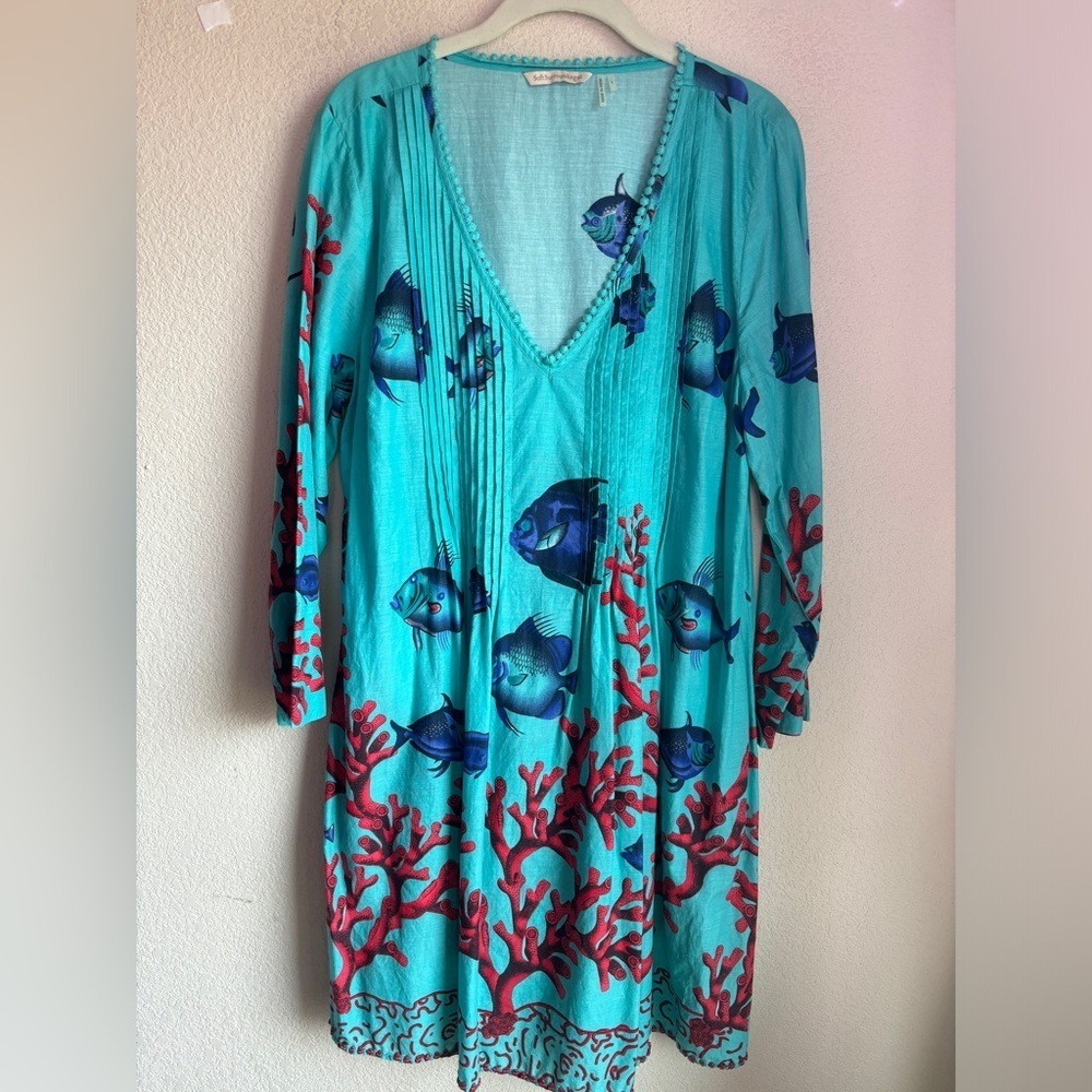 Soft Surroundings Seychelles Tropical Ocean Print Beaded Pleated Tunic Dress L - Picture 4 of 10